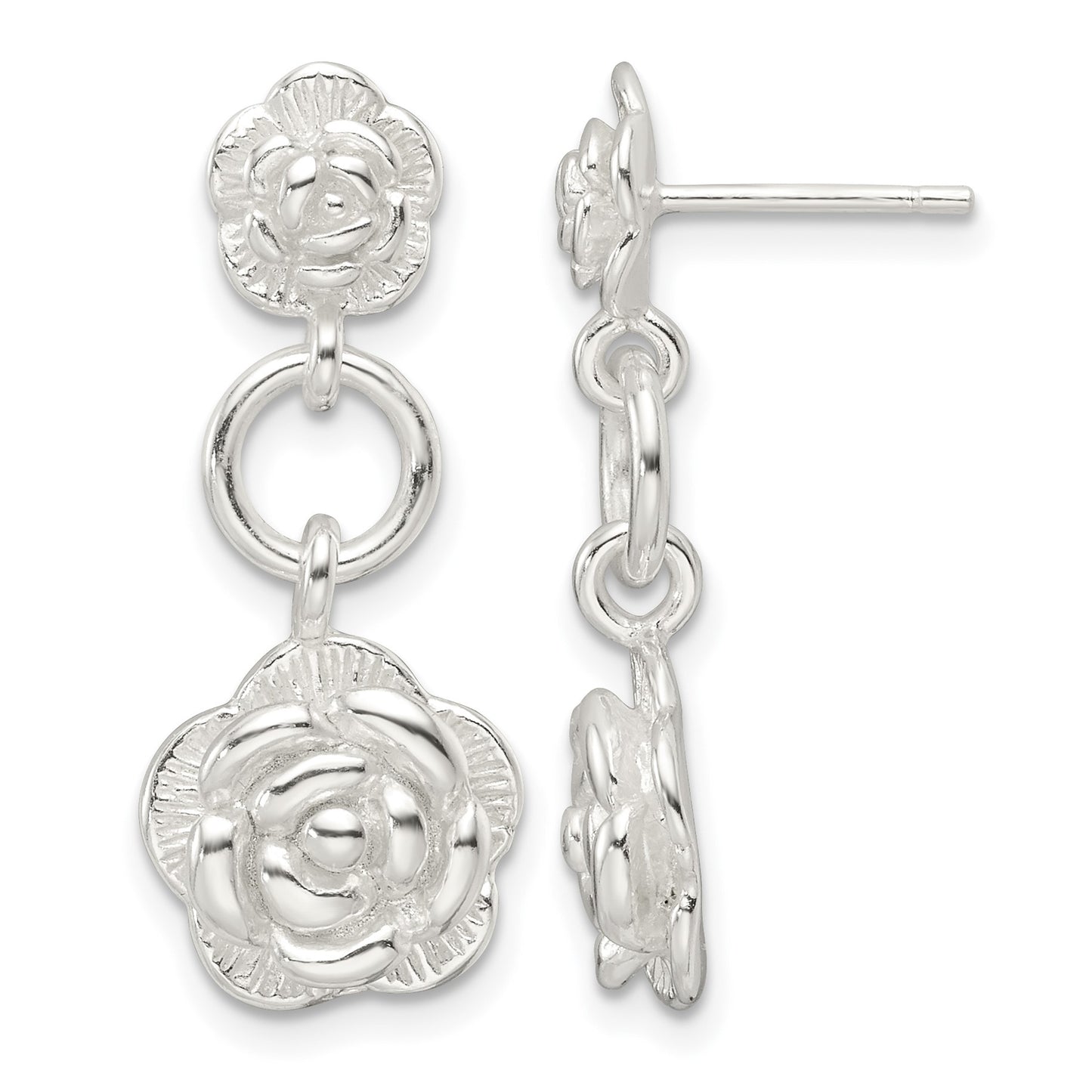 Sterling Silver E-Coating Rose Dangle Post Earrings