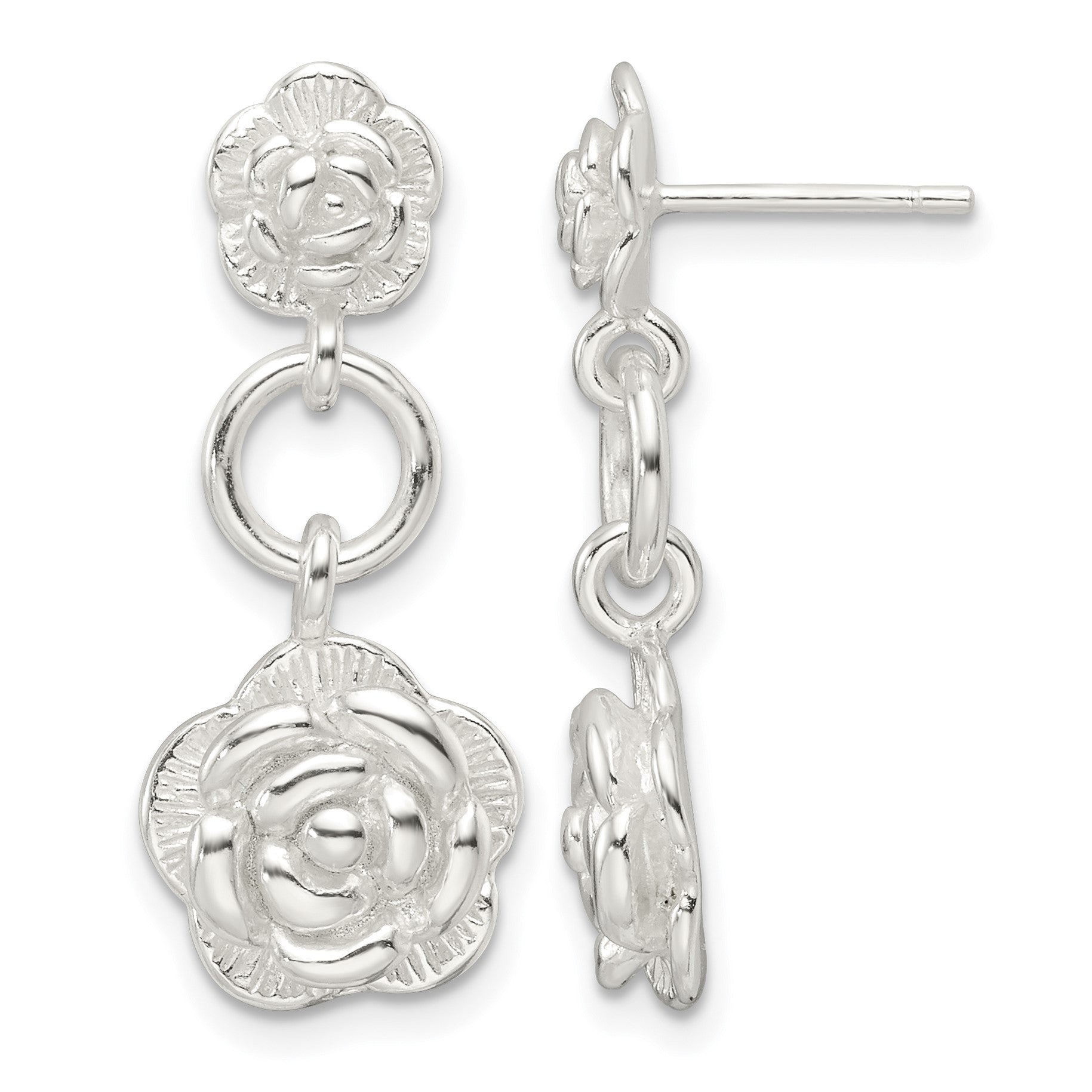 Sterling Silver E-Coating Rose Dangle Post Earrings