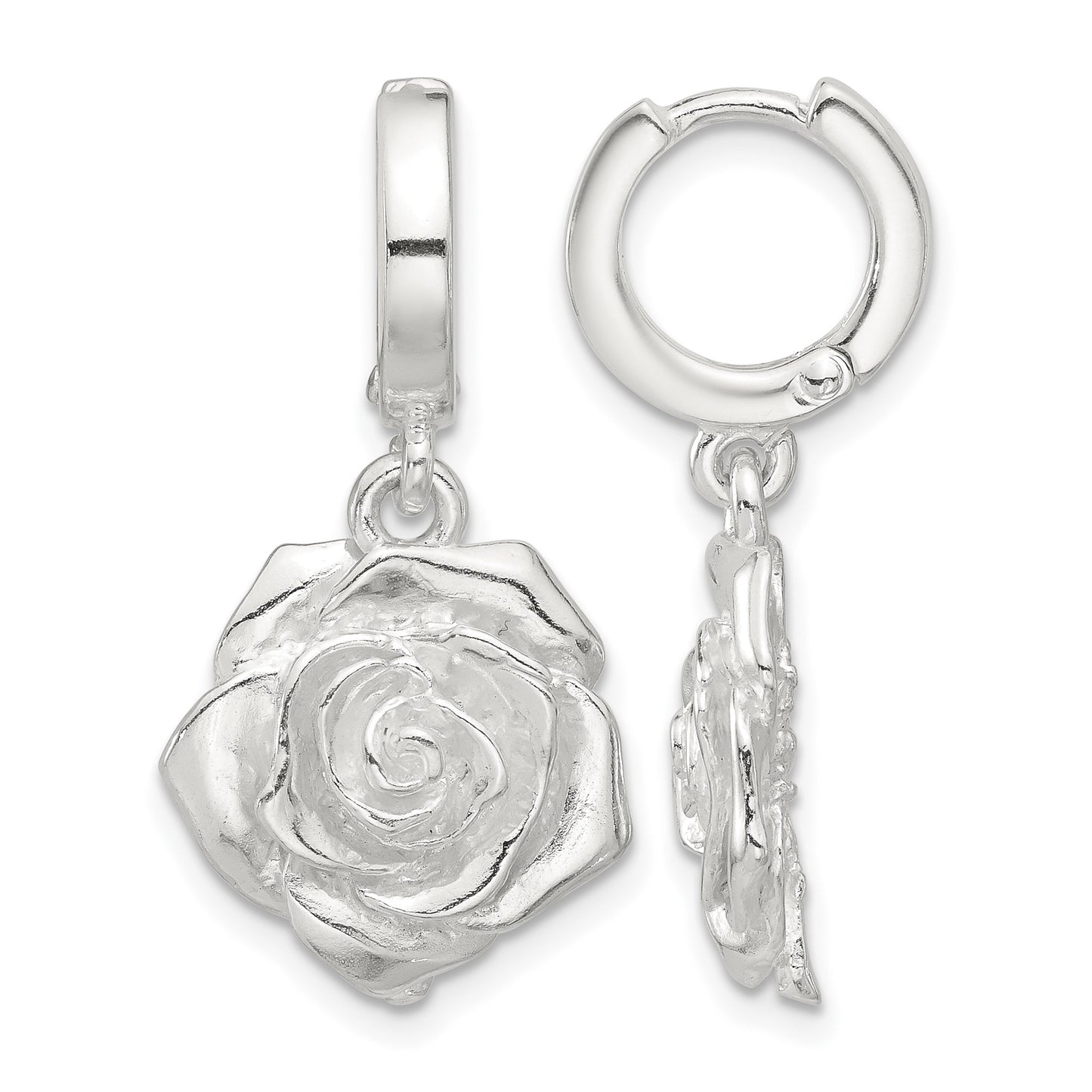 Sterling Silver Rose Dangle Hinged Hoop Earrings