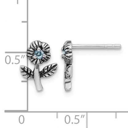 Sterling Silver Rhodium-plated Antiqued w/Blue CZ Flower Post Earrings