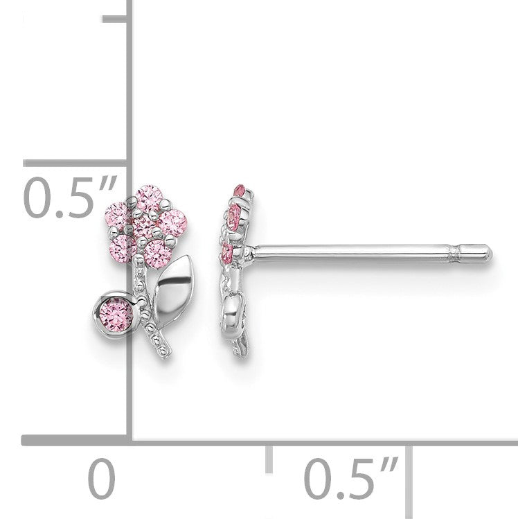 Sterling Silver Rhodium-plated Polished Pink CZ Flower Post Earrings
