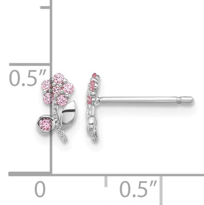 Sterling Silver Rhodium-plated Polished Pink CZ Flower Post Earrings