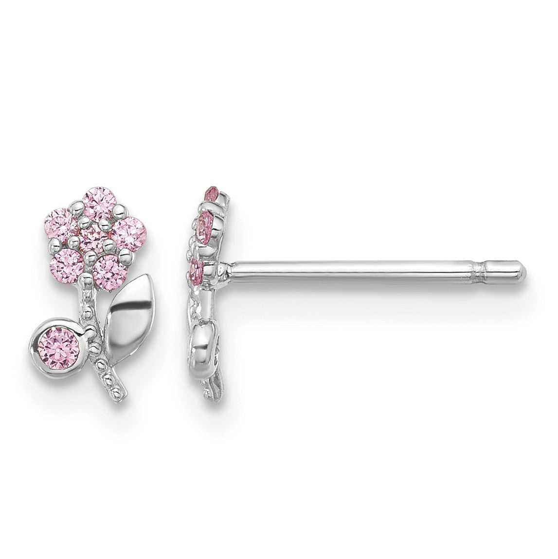 Sterling Silver Rhodium-plated Polished Pink CZ Flower Post Earrings