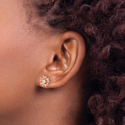 Sterling Silver Rose-tone CZ Flower Post Earrings