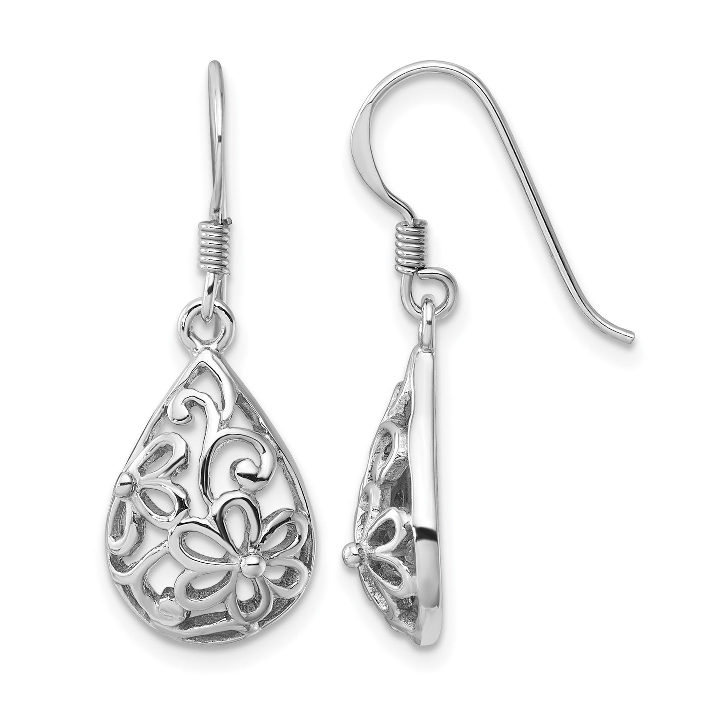 Sterling Silver Rhodium-Plated Polished Domed Filigree Flower Earrings