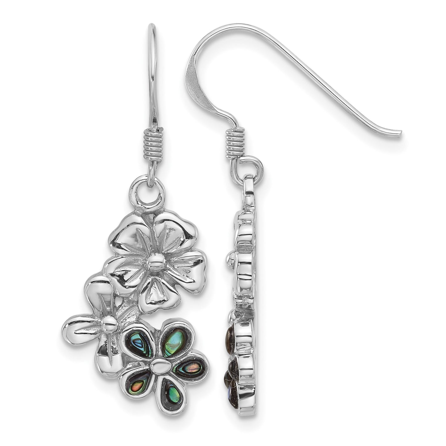 Sterling Silver Rhodium-Plated Polished Abalone Trio Flower Earrings