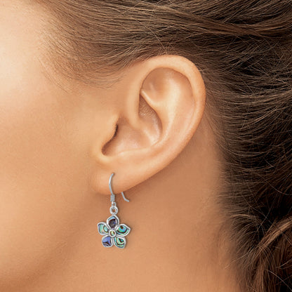 Sterling Silver Rhodium-Plated Polished Abalone Flower Dangle Earrings
