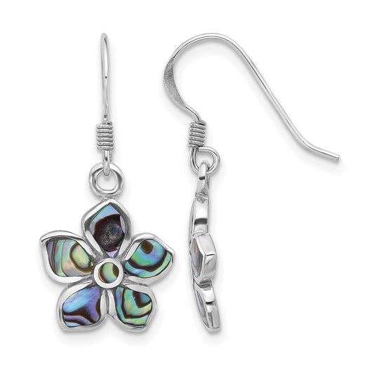 Sterling Silver Rhodium-Plated Polished Abalone Flower Dangle Earrings