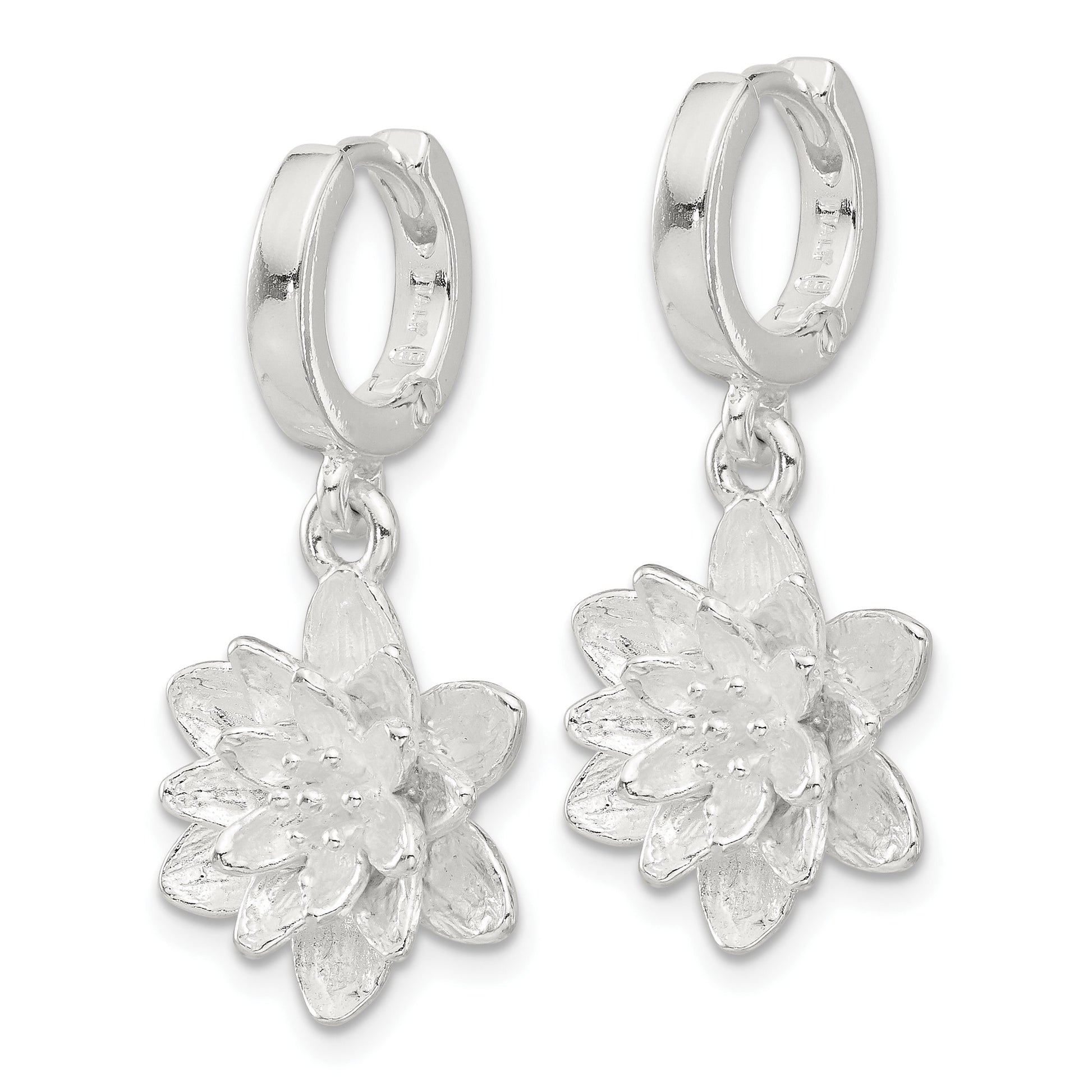 Sterling Silver Lotus Flower Dangle Hinged Hoop Earrings