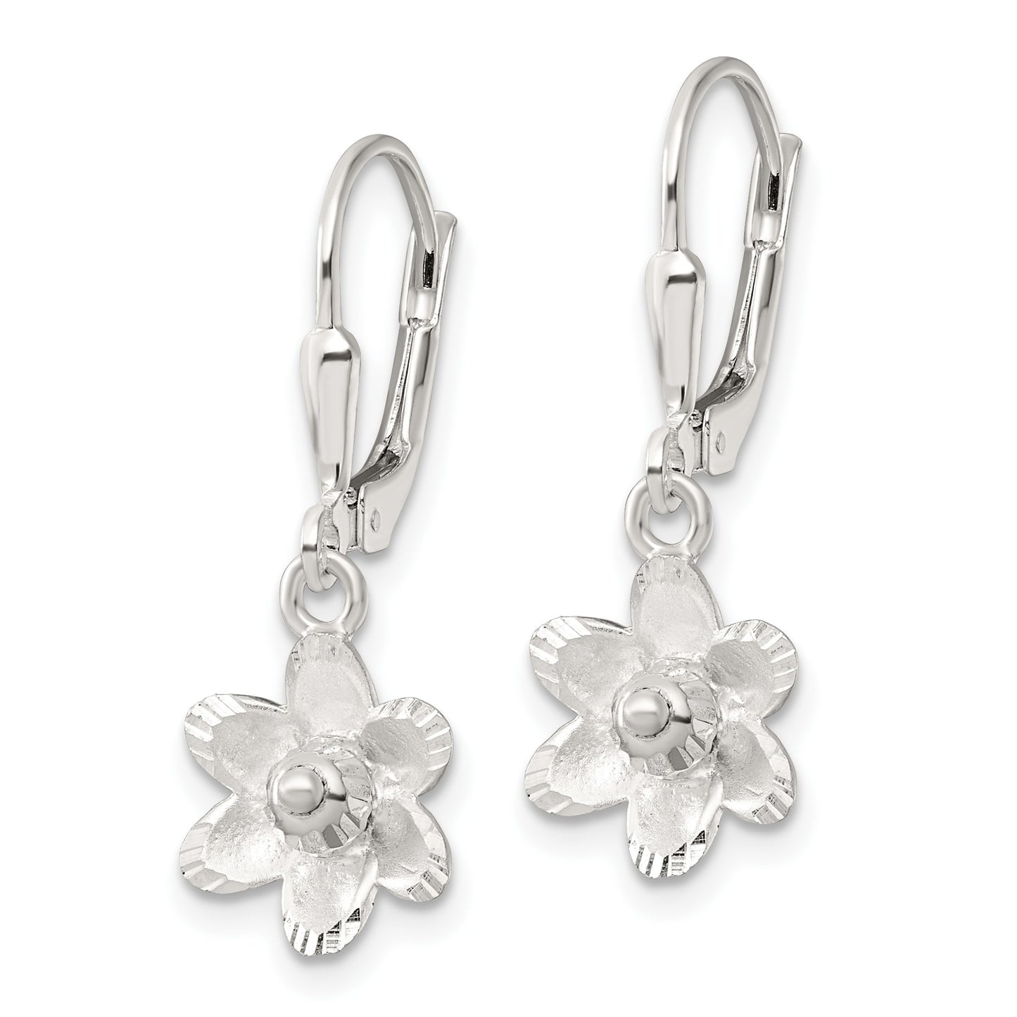 Sterling Silver Satin Polished and D/C Floral Leverback Earrings