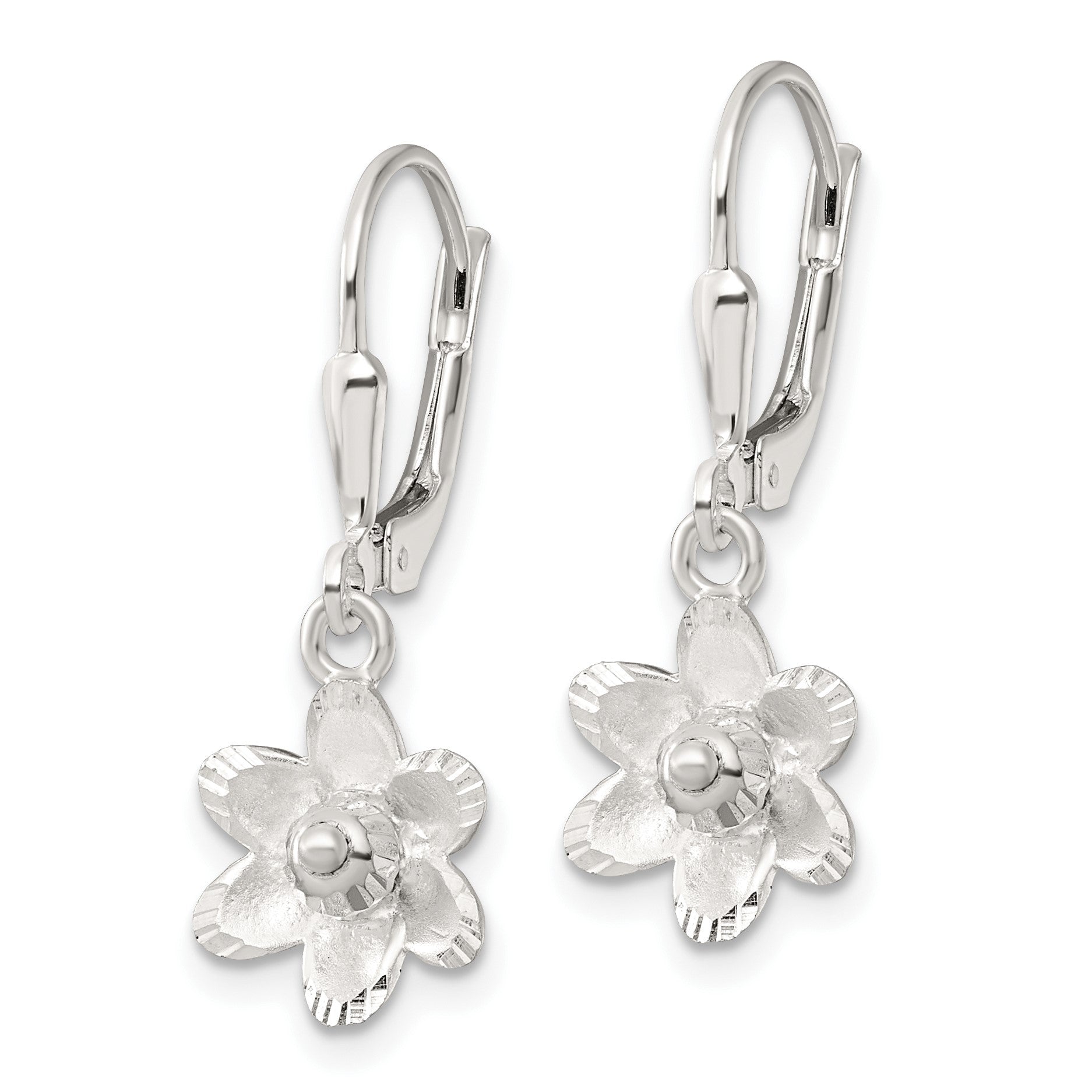 Sterling Silver Satin Polished and D/C Floral Leverback Earrings