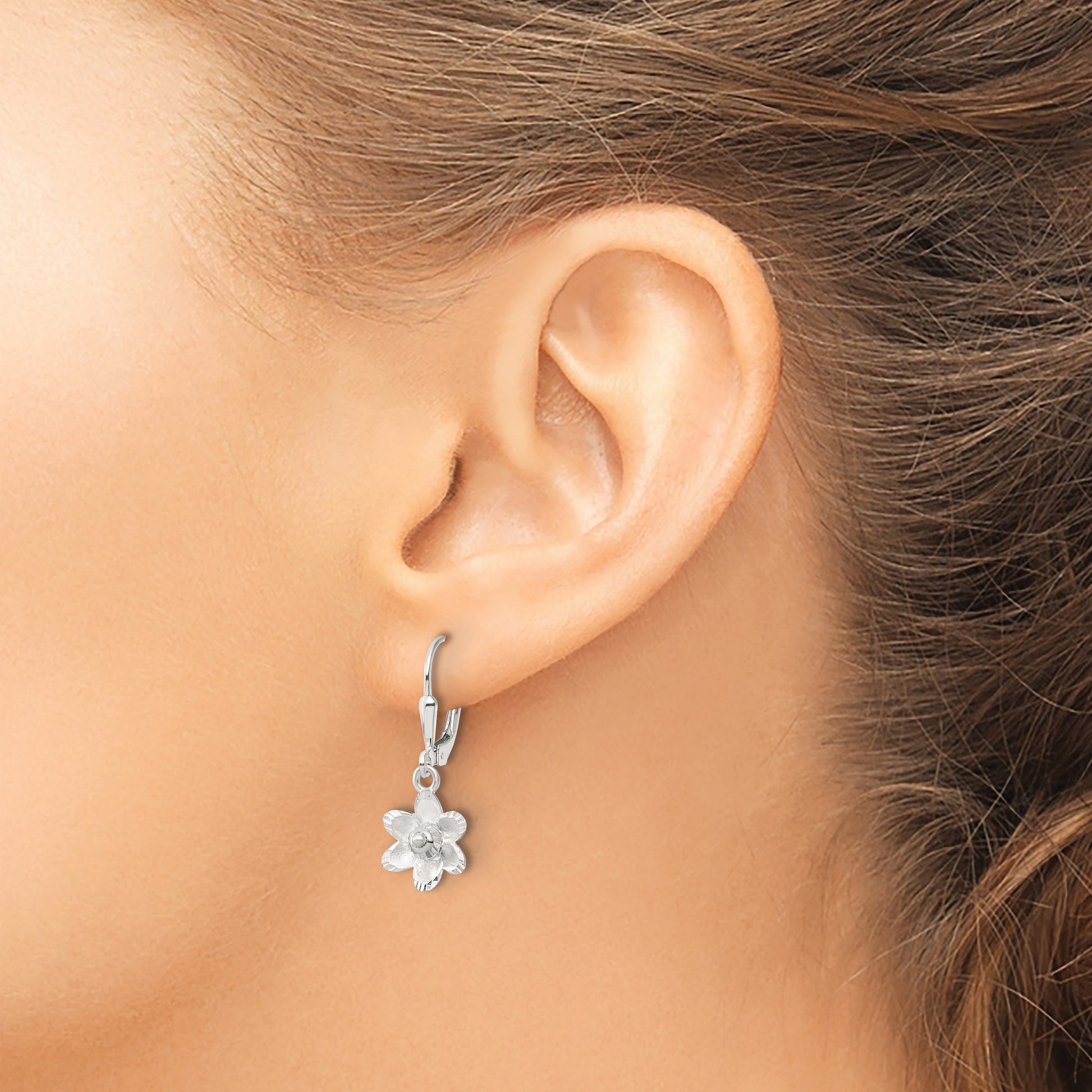Sterling Silver Satin Polished and D/C Floral Leverback Earrings