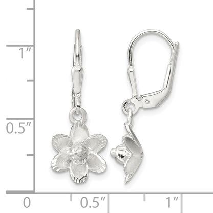 Sterling Silver Satin Polished and D/C Floral Leverback Earrings