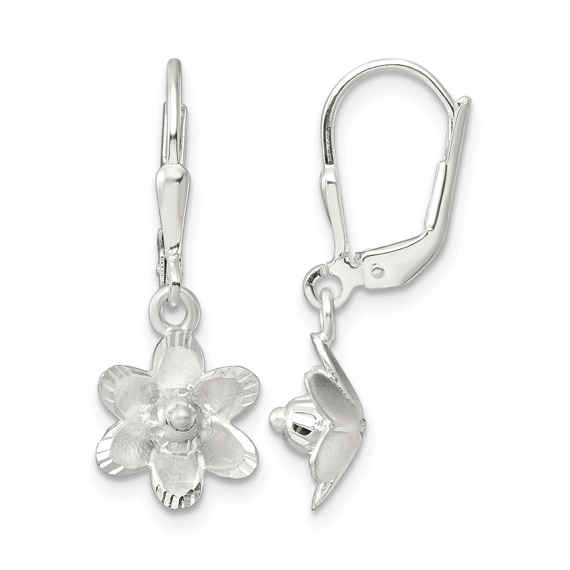 Sterling Silver Satin Polished and D/C Floral Leverback Earrings
