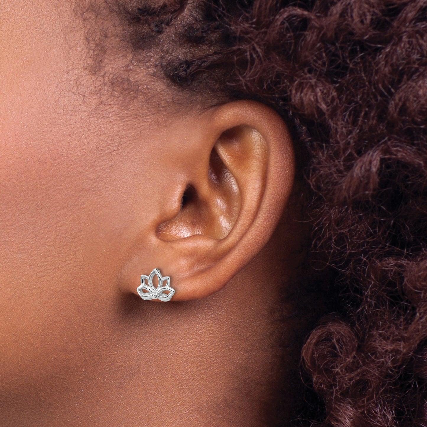 Sterling Silver Rhodium-plated Lotus Flower Post Earrings