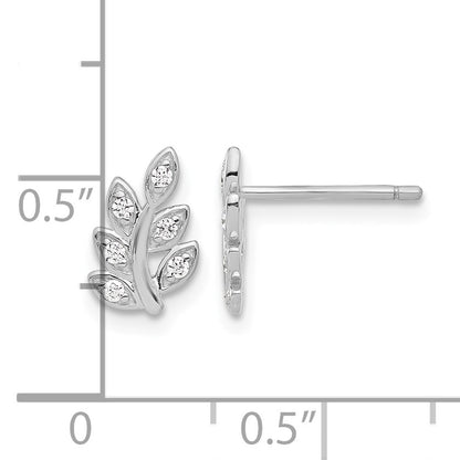 Sterling Silver Rhodium-plated CZ Leaf Post Earrings