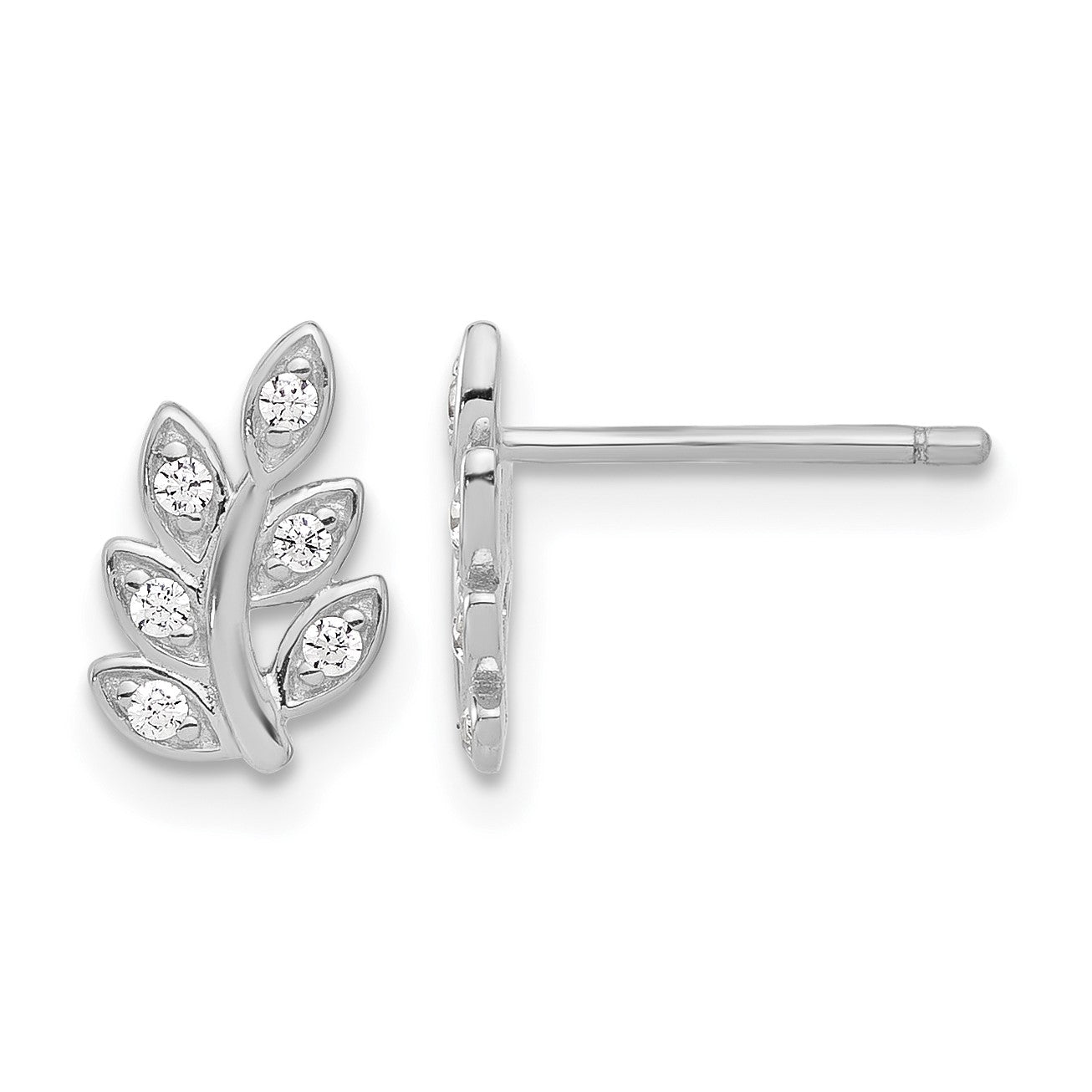 Sterling Silver Rhodium-plated CZ Leaf Post Earrings