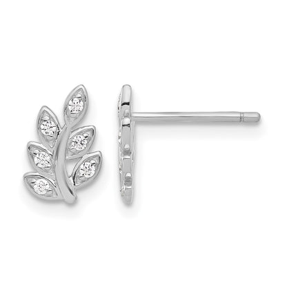 Sterling Silver Rhodium-plated CZ Leaf Post Earrings