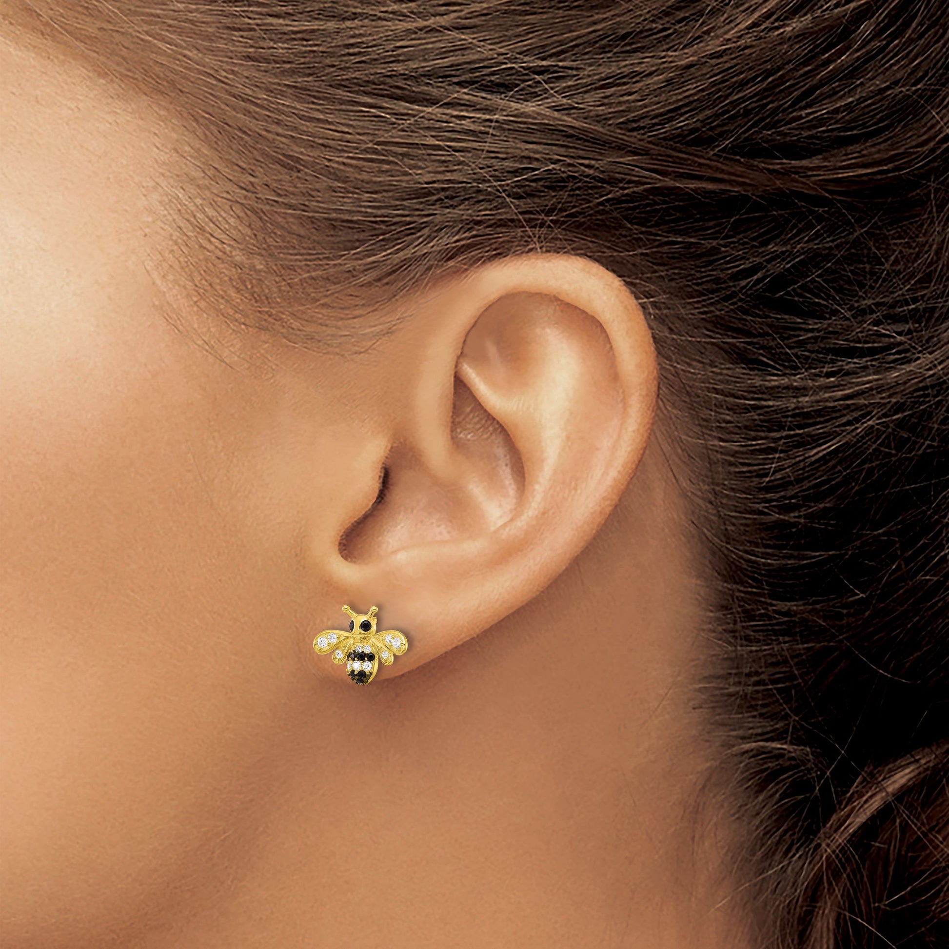 Sterling Silver Gold-tone Blk Rhod Bee with Black/White CZ Post Earrings
