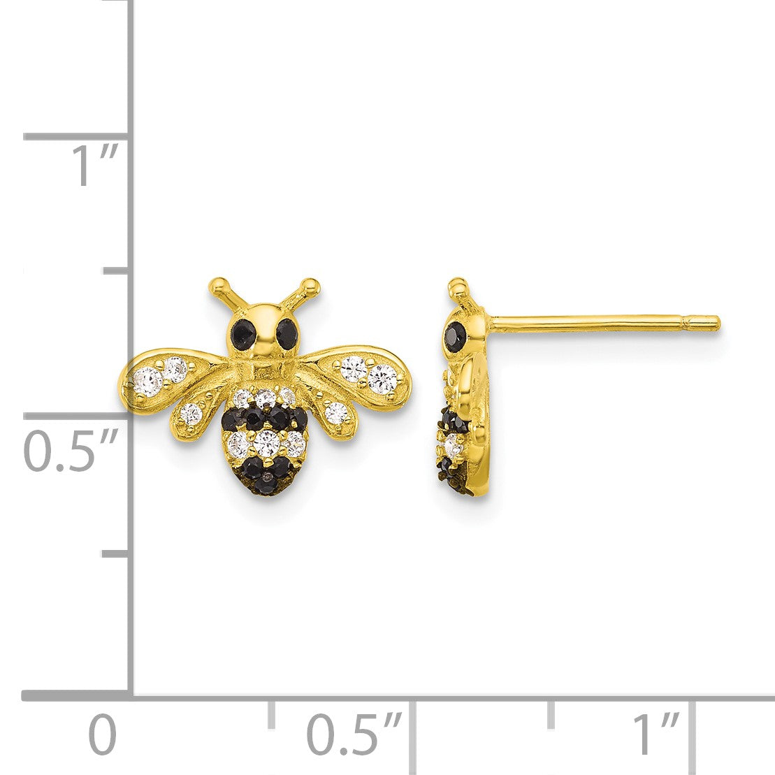 Sterling Silver Gold-tone Blk Rhod Bee with Black/White CZ Post Earrings