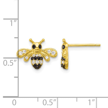 Sterling Silver Gold-tone Blk Rhod Bee with Black/White CZ Post Earrings