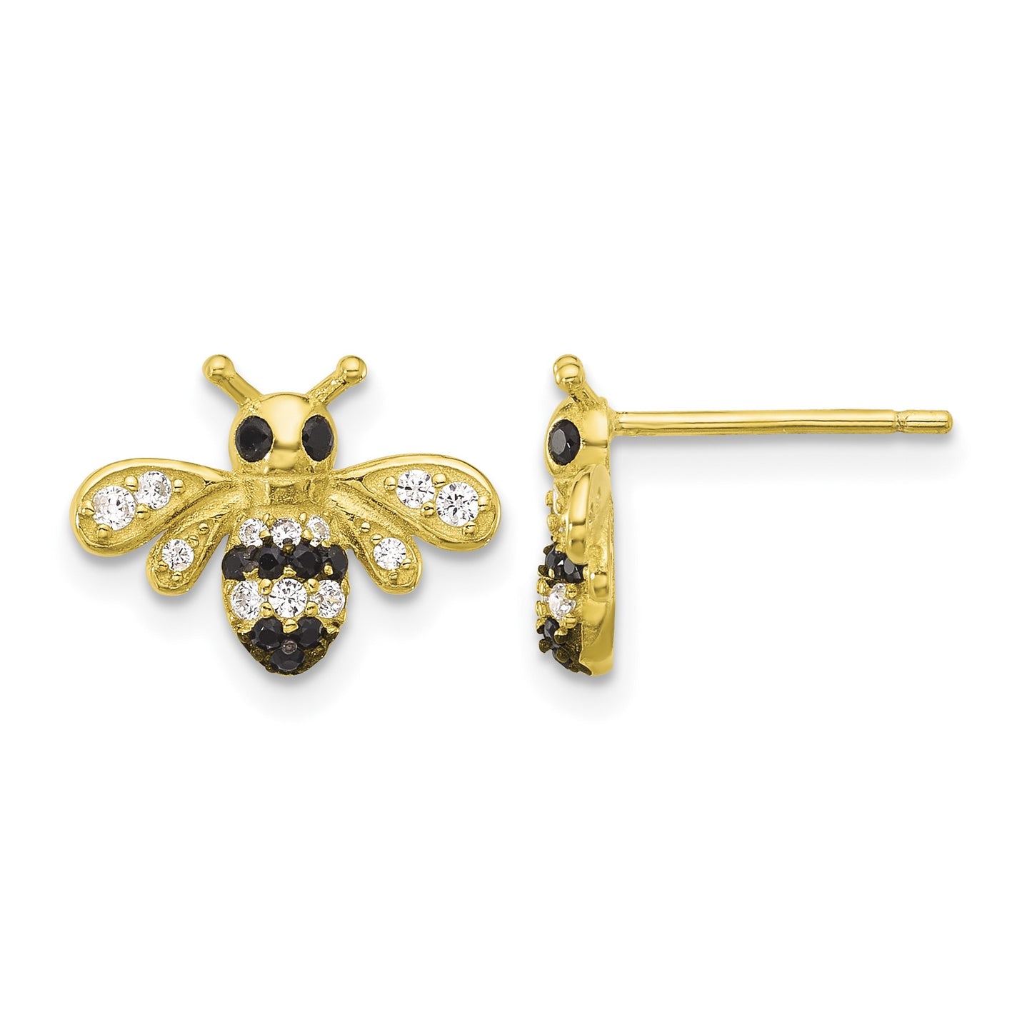 Sterling Silver Gold-tone Blk Rhod Bee with Black/White CZ Post Earrings