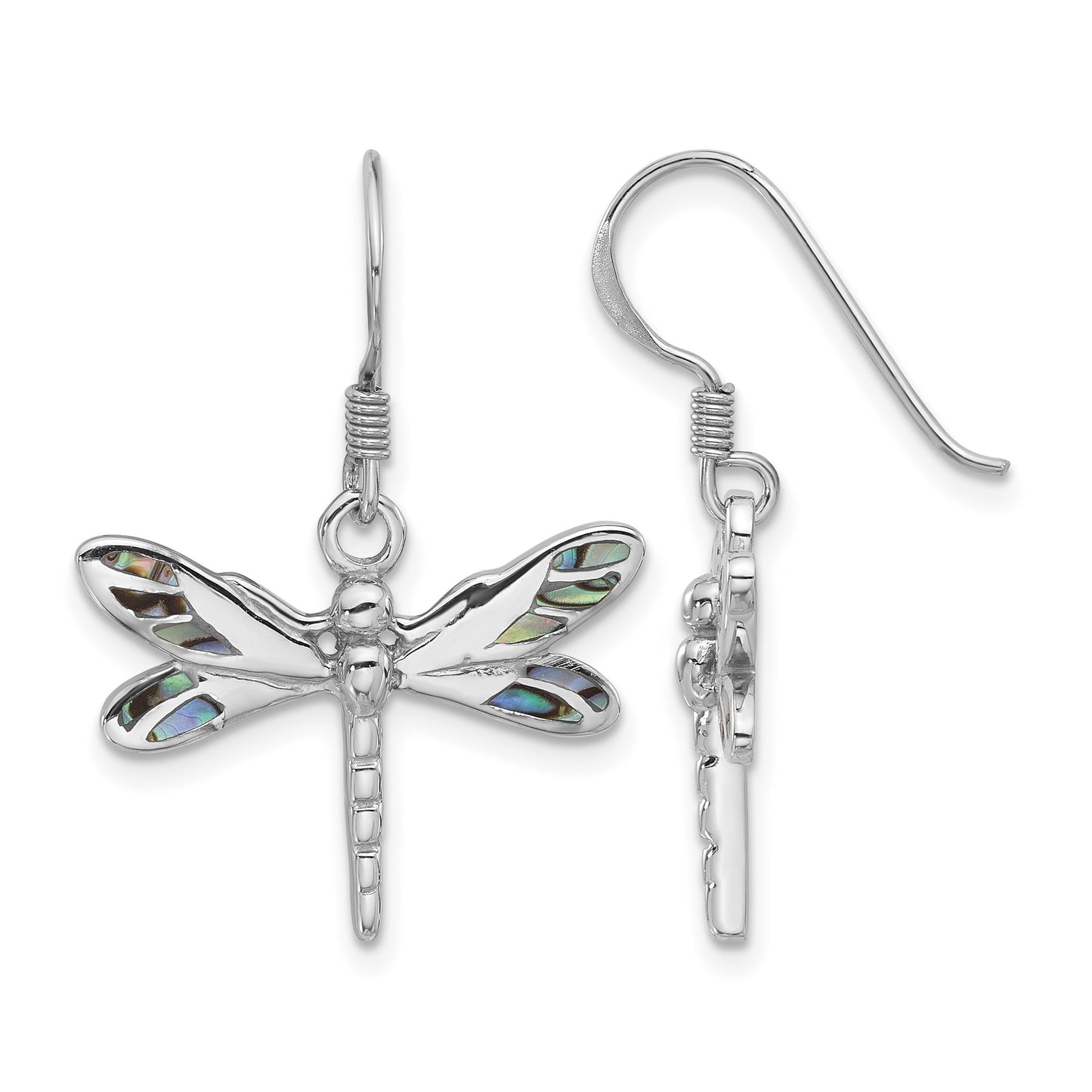 Sterling Silver Rhodium-Plated Polished Abalone Dragonfly Earrings