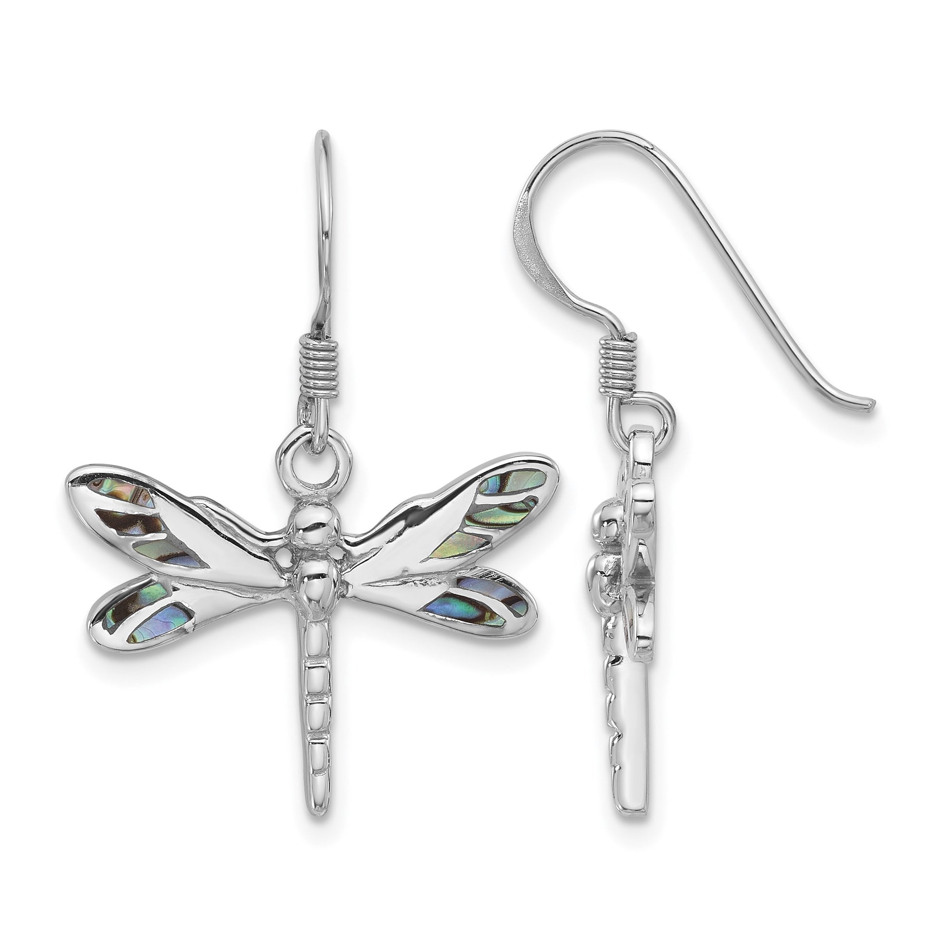 Sterling Silver Rhodium-Plated Polished Abalone Dragonfly Earrings