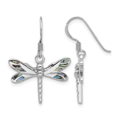 Sterling Silver Rhodium-Plated Polished Abalone Dragonfly Earrings