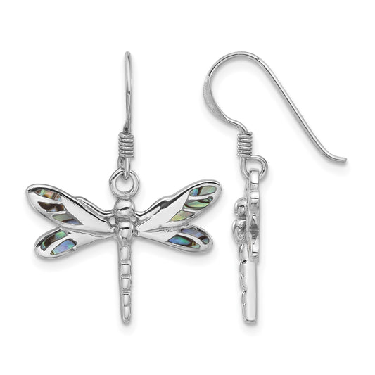 Sterling Silver Rhodium-Plated Polished Abalone Dragonfly Earrings