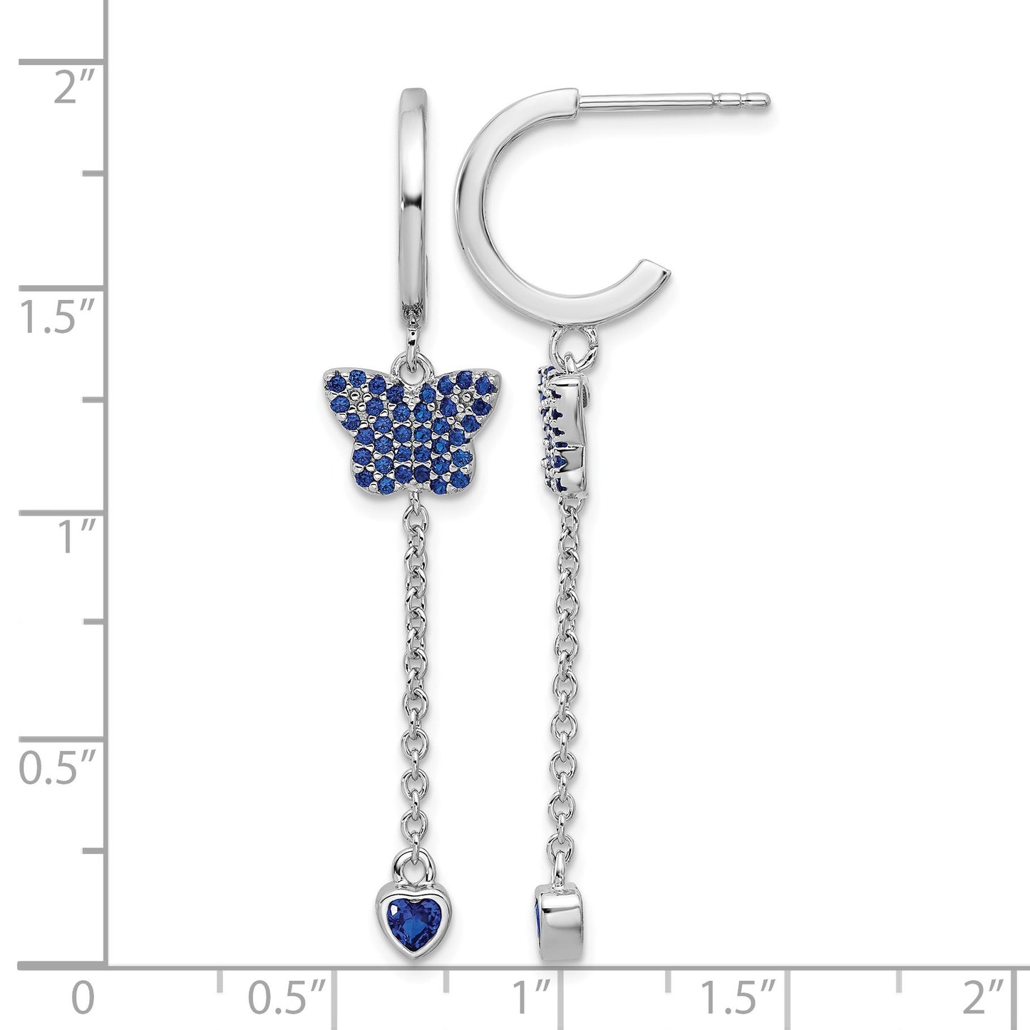 True Fire Sterling Silver Rhod-plated Blue CZ Butterfly Heart Post Hoop Ear