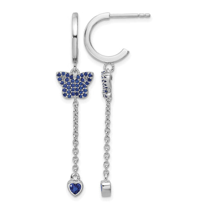 True Fire Sterling Silver Rhod-plated Blue CZ Butterfly Heart Post Hoop Ear