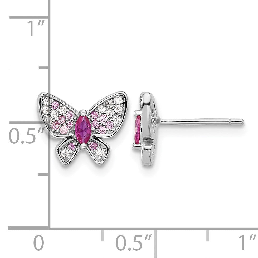 Sterling Silver Rhodium-plated Pink and White CZ Butterfly Post Earrings