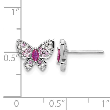 Sterling Silver Rhodium-plated Pink and White CZ Butterfly Post Earrings