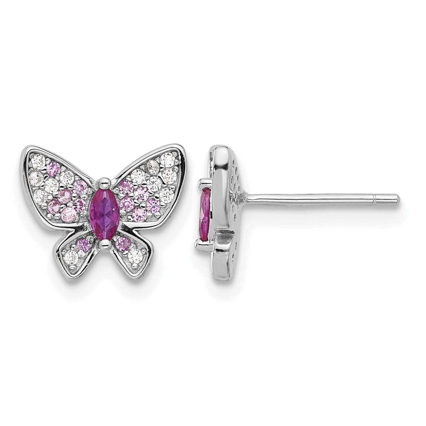 Sterling Silver Rhodium-plated Pink and White CZ Butterfly Post Earrings