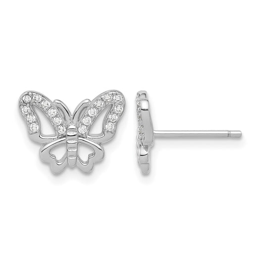 Sterling Silver Rhodium-plated CZ Butterfly Post Earrings