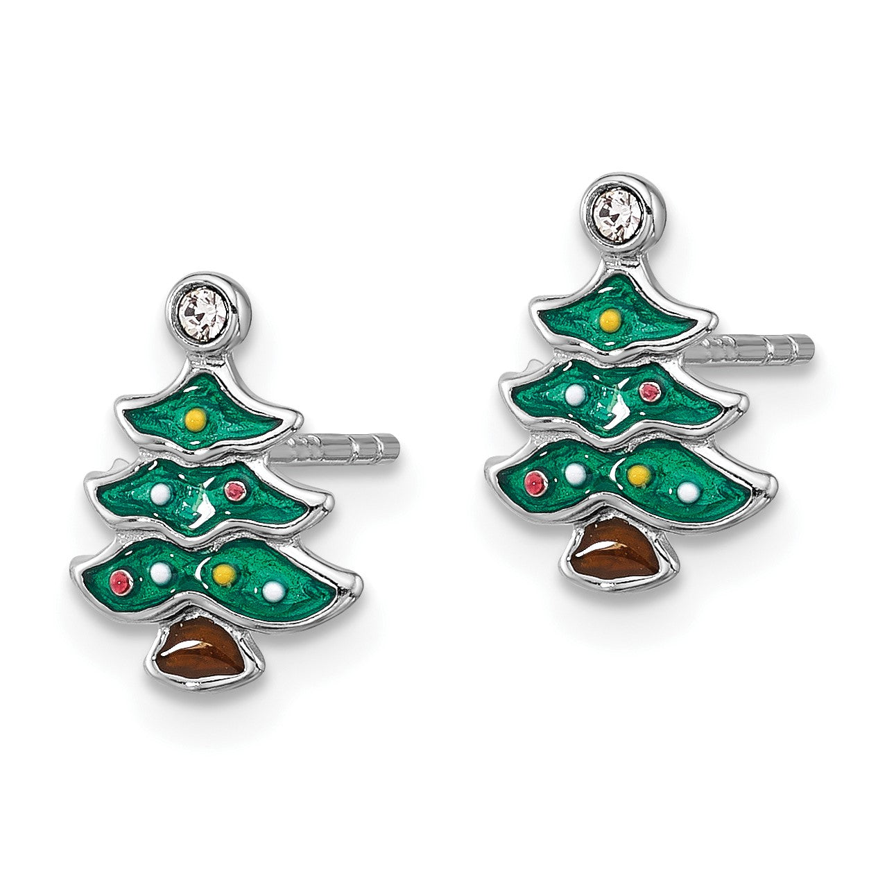 Sterling Silver Rh-plated Green Enamel Crystal Christmas Tree Post Earrings