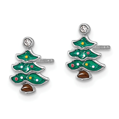 Sterling Silver Rh-plated Green Enamel Crystal Christmas Tree Post Earrings