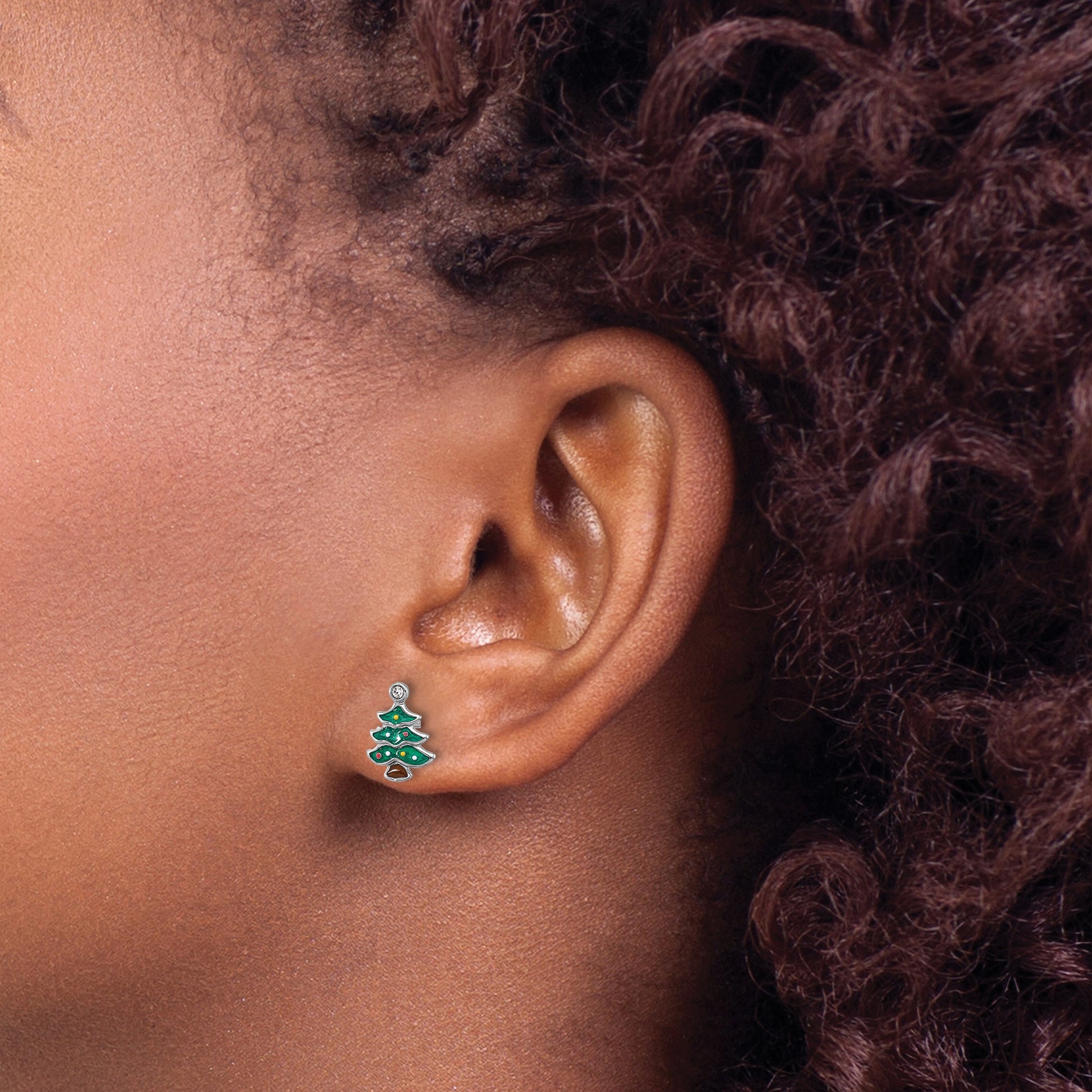 Sterling Silver Rh-plated Green Enamel Crystal Christmas Tree Post Earrings