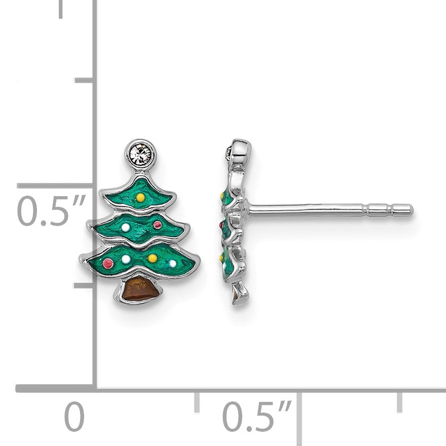 Sterling Silver Rh-plated Green Enamel Crystal Christmas Tree Post Earrings