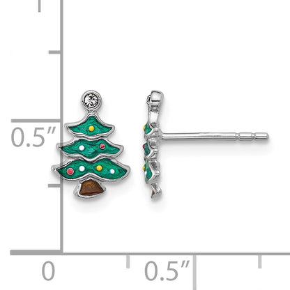 Sterling Silver Rh-plated Green Enamel Crystal Christmas Tree Post Earrings