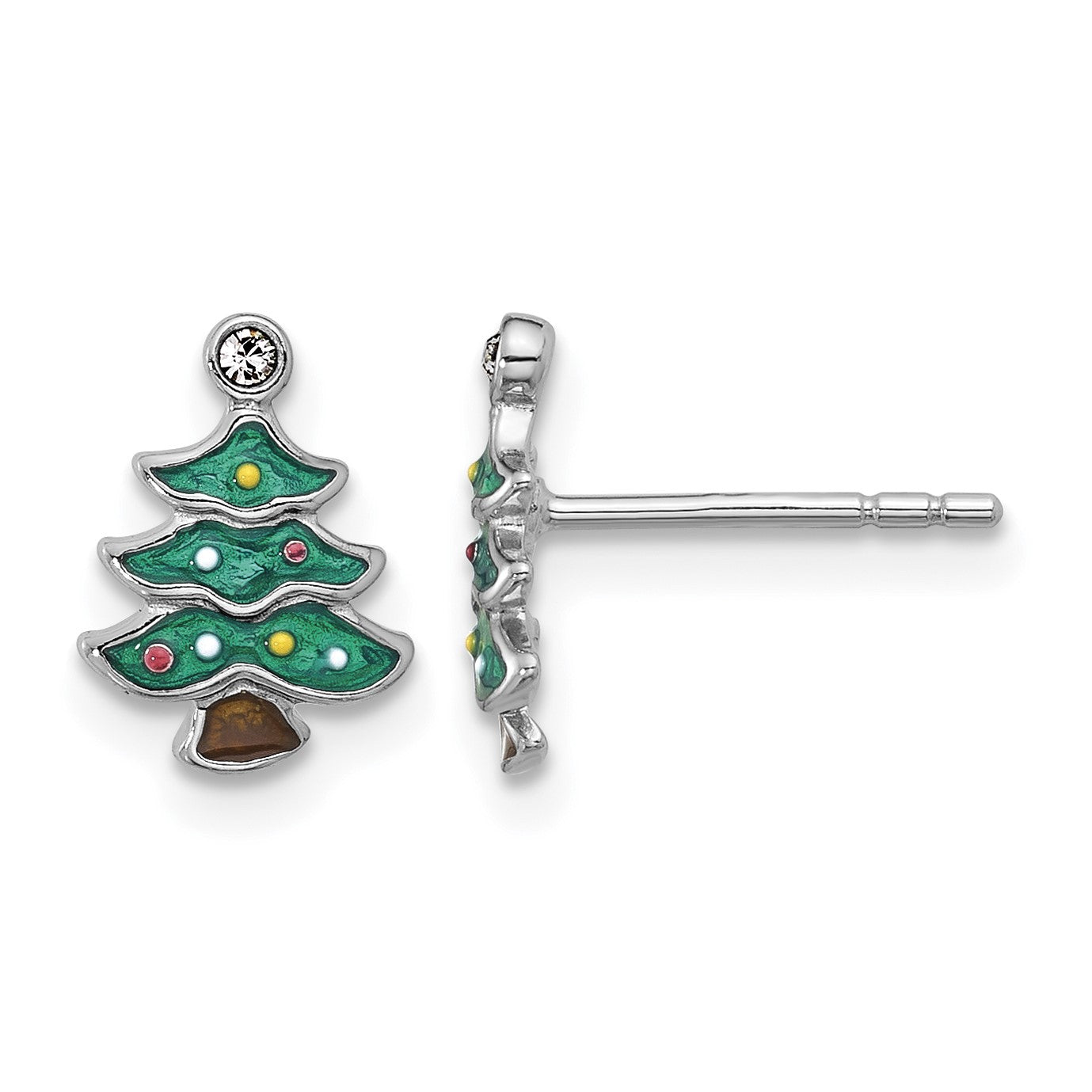 Sterling Silver Rh-plated Green Enamel Crystal Christmas Tree Post Earrings