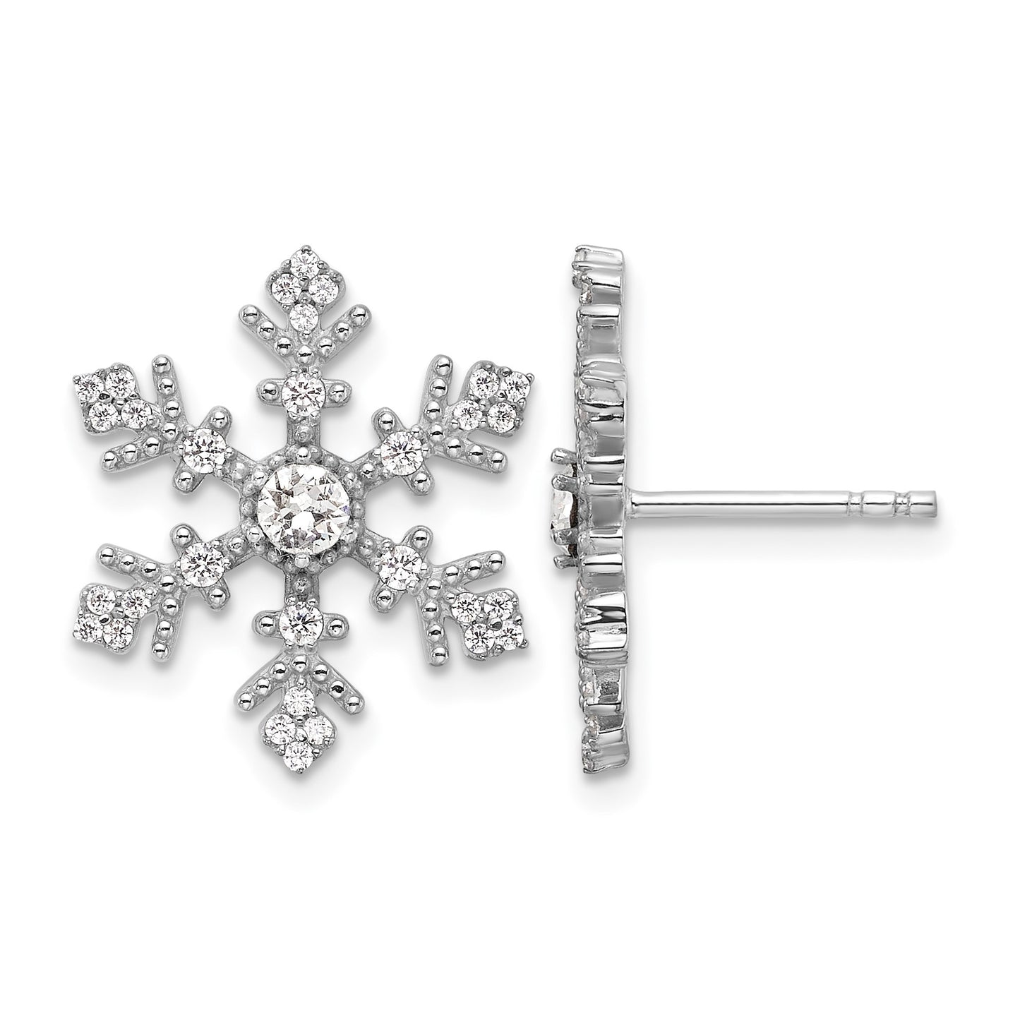 Sterling Silver Rhodium-plated CZ Crystal Snowflake Post Earrings
