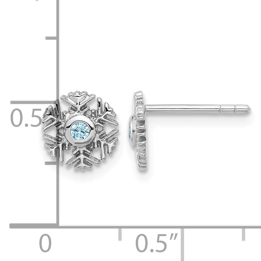 Sterling Silver Rhodium-plated Aqua CZ Snowflake Post Earrings