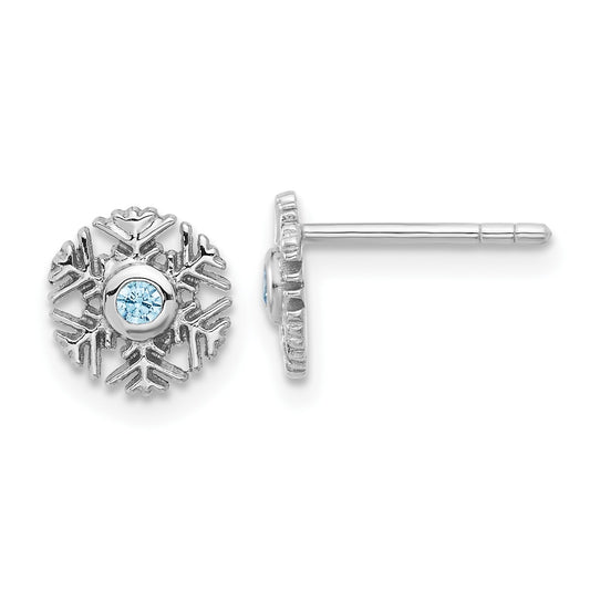Sterling Silver Rhodium-plated Aqua CZ Snowflake Post Earrings