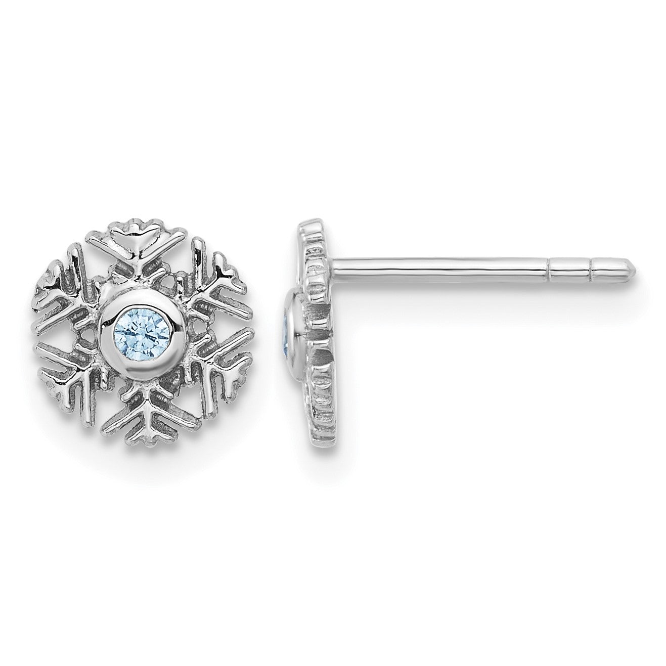 Sterling Silver Rhodium-plated Aqua CZ Snowflake Post Earrings