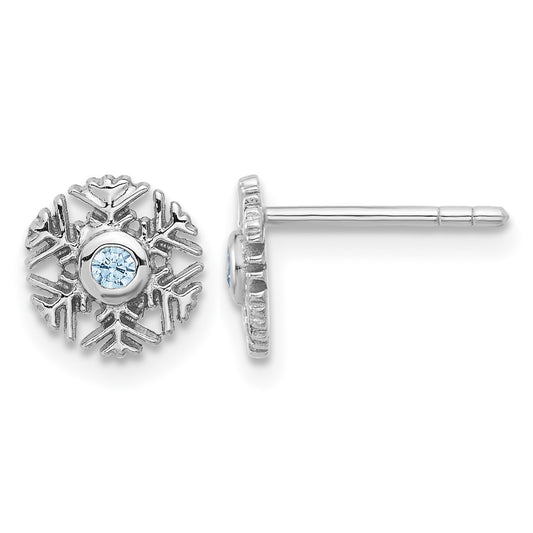 Sterling Silver Rhodium-plated Aqua CZ Snowflake Post Earrings