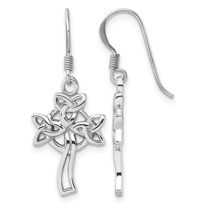 Sterling Silver Rhodium-Plated Polished Celtic Cross Dangle Earrings