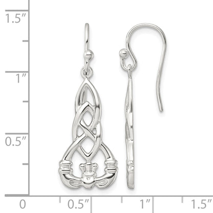 Sterling Silver Polished Celtic Knot Claddagh Dangle Earrings