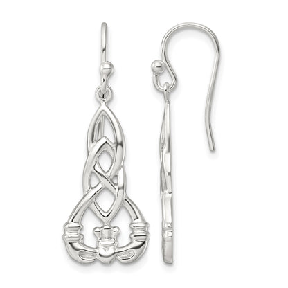 Sterling Silver Polished Celtic Knot Claddagh Dangle Earrings